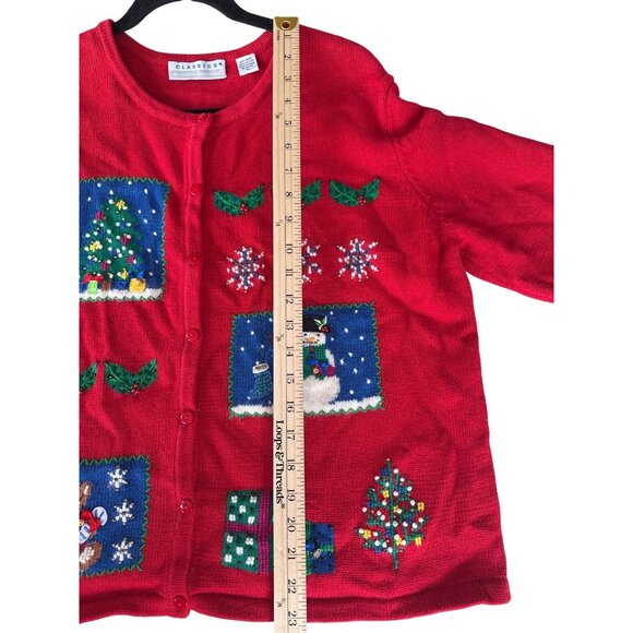 Vtg 90's Christmas Knit Cardigan Sweater Women's XL Red Tree Snowman Snowflakes - Picture 12 of 16